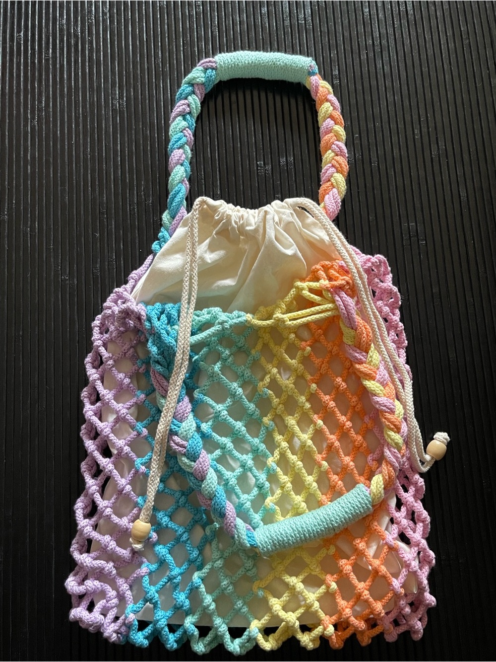 Pitusa Pastel Rainbow Crochet Net Tote with Cream Drawstring Pouch